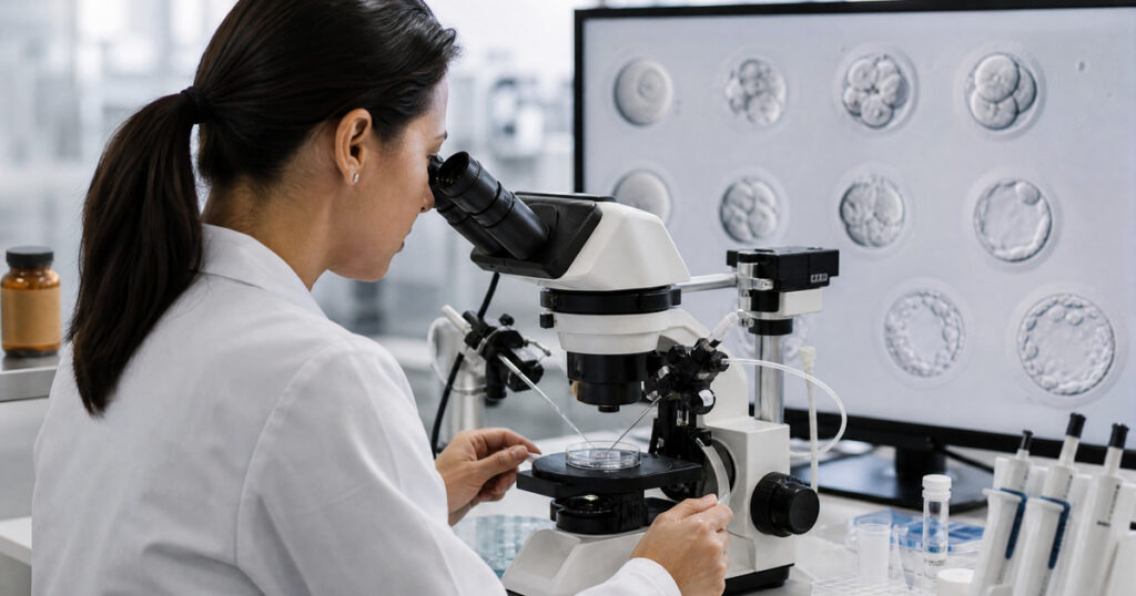 Embryologist examining oocytes and embryos during IVF fertility treatment