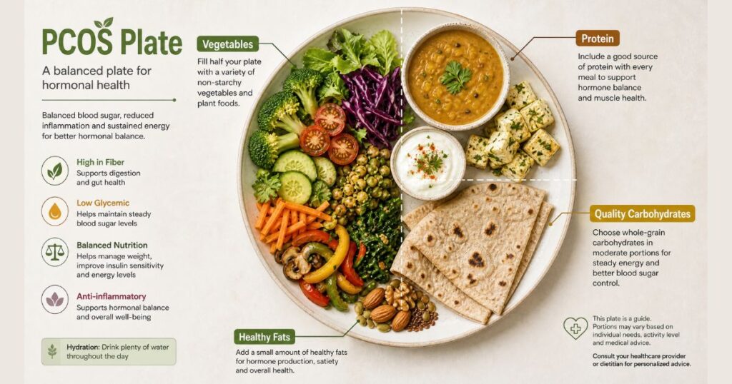 PCOS balanced plate showing protein, fibre, carbs and healthy fats