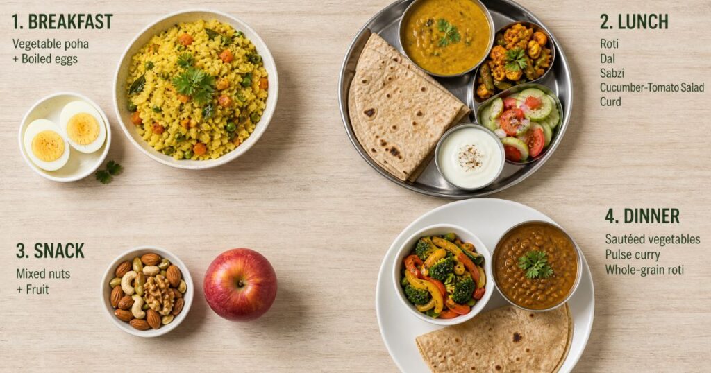 Sample PCOS Indian meal plan - breakfast, lunch, snacks and dinner