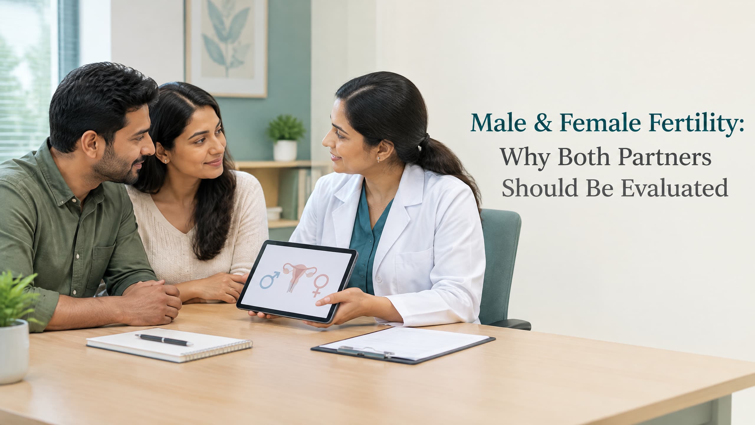 A couple discussing fertility evaluation together with a doctor