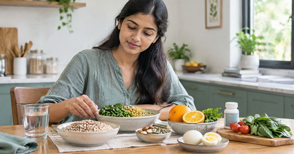 Preconception nutrition foods rich in folate, iron and vitamins with a prenatal supplement