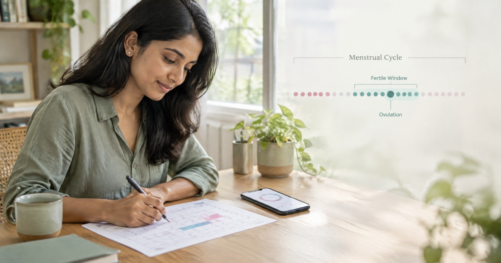 Woman tracking her menstrual cycle and fertile window while planning pregnancy