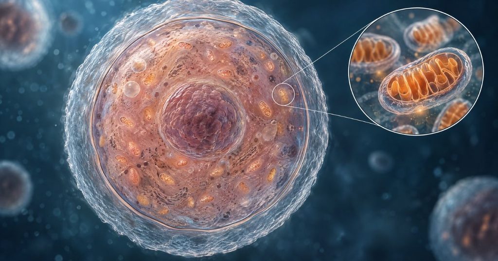 Cross-sectional illustration of a human egg cell showing mitochondria within the cytoplasm