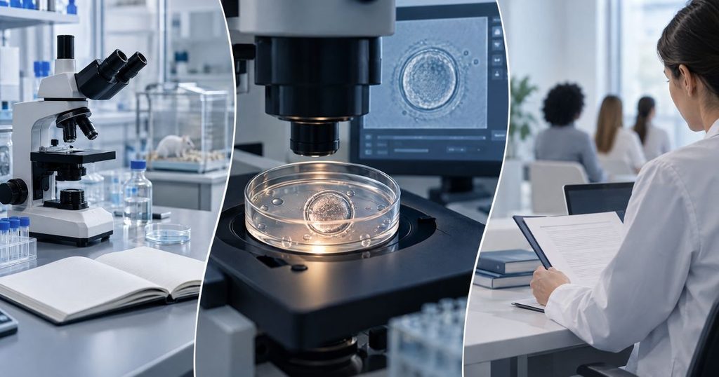 Illustration of animal studies, human oocyte laboratory research and clinical research as distinct evidence settings